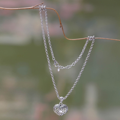 Sterling silver heart necklace, 'Lost in Love' - Heart jewellery Handcrafted Sterling Silver and Pearl Neckla