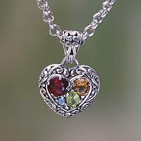 Garnet and citrine heart necklace, 'Energy of Love' - Multi Gemstone Pearl Heart Necklace Sterling Silver Jewellery