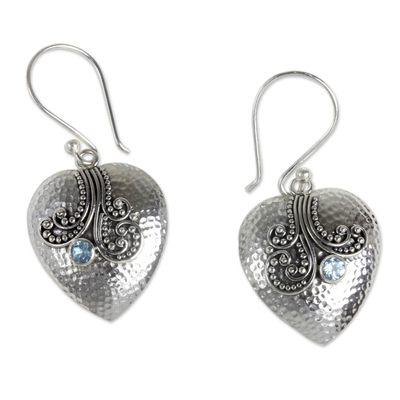 Blue topaz and sterling silver heart earrings, 'Love's Story' - Sterling Silver Heart Earrings with Blue Topaz