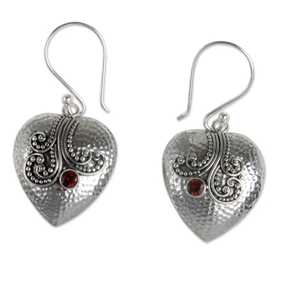 Sterling Silver Heart Earrings with Garnet