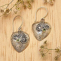 Peridot and sterling silver heart earrings, 'Love's Story' - Sterling Silver Heart Earrings with Peridot