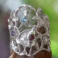 Anillo de amatista y granate. - Anillo ancho de Plata de Ley con Granate Amatista y Topacio