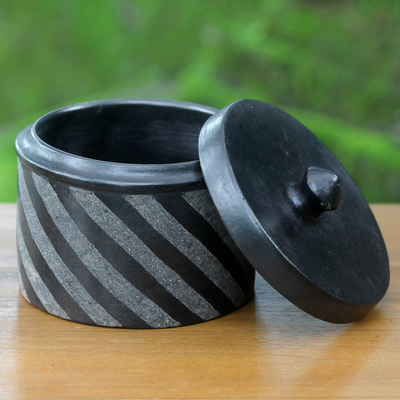 Ceramic jar, 'Zebra Swirl' - Indonesian Handcrafted Swirl-Design Black Ceramic Jar