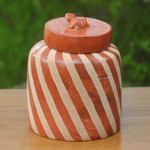 Ceramic jar, 'Lucky Frog in Brown' - Handcrafted Ecthed Ceramic Lidded Jar from Indonesia