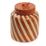 Ceramic jar, 'Lucky Frog in Brown' - Handcrafted Ecthed Ceramic Lidded Jar from Indonesia