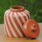 Ceramic jar, 'Lucky Frog in Brown' - Handcrafted Ecthed Ceramic Lidded Jar from Indonesia