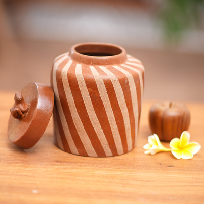 Ceramic jar, 'Lucky Frog in Brown' - Handcrafted Ecthed Ceramic Lidded Jar from Indonesia