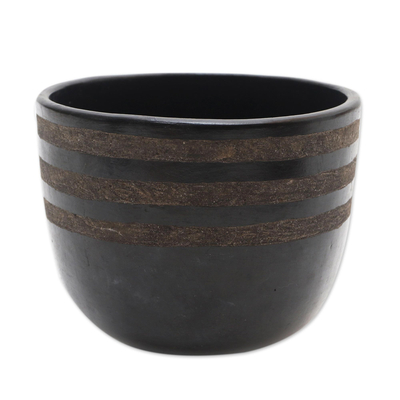 Ceramic pot, 'Night Horizon' (7.5 diam) - Artisan Crafted 7.5 Inch Diameter Striped Black Pottery