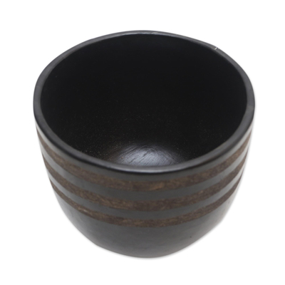 Ceramic pot, 'Night Horizon' (7.5 diam) - Artisan Crafted 7.5 Inch Diameter Striped Black Pottery