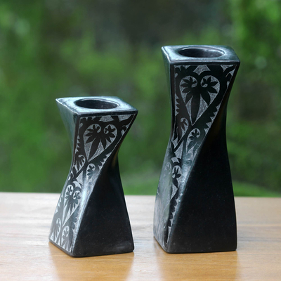 Ceramic tealight holders, 'Lombok Goth' (pair) - Artisan Crafted Black Ceramic Tealight Holders (pair)