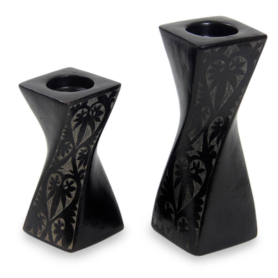 Ceramic tealight holders, 'Lombok Goth' (pair) - Artisan Crafted Black Ceramic Tealight Holders (pair)