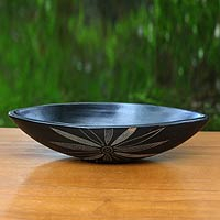 Ceramic serving bowl, 'Aren Flower' - Black Ceramic Serving Bowl with Etched Flower