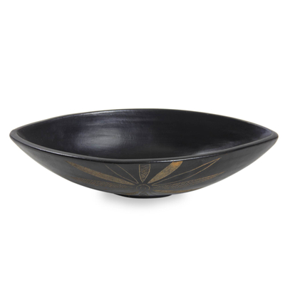 Ceramic serving bowl, 'Aren Flower' - Black Ceramic Serving Bowl with Etched Flower