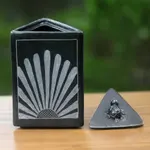 Ceramic jar, 'Sunflower Pyramid Frog' - Black Ceramic Triangle Jar Crafted by Hand