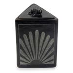 Ceramic jar, 'Sunflower Pyramid Frog' - Black Ceramic Triangle Jar Crafted by Hand