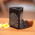 Ceramic jar, 'Sunflower Pyramid Frog' - Black Ceramic Triangle Jar Crafted by Hand