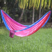 Hang Ten parachute hammock, 'Party for HANG TEN' (single) - Pink and Blue Single Parachute Hammock with Hanging Hooks