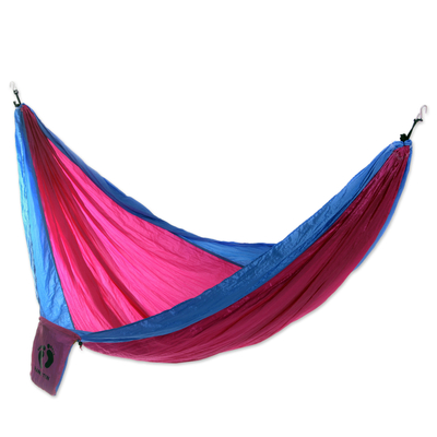 Hang Ten parachute hammock, 'Party for HANG TEN' (single) - Pink and Blue Single Parachute Hammock with Hanging Hooks