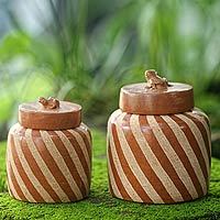 Hand Crafted Indonesian Brown Terracotta Jar and Lid - Cloud Bamboo Frog