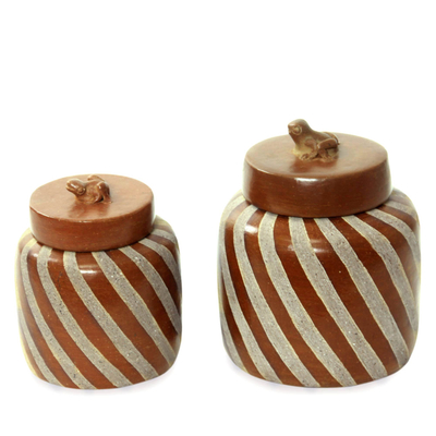 Handcrafted Ecthed Ceramic Lidded Jars (Pair)