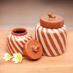 Ceramic jars, 'Lucky Frogs in Brown' (pair) - Handcrafted Ecthed Ceramic Lidded Jars (Pair)