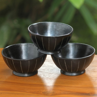 Cuencos de cerámica, 'Lidi Aren' (juego de 3) - Cuencos de cerámica negros hechos a mano (juego de 3)