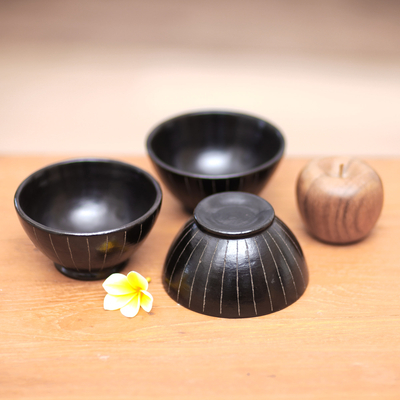 Ceramic bowls, 'Lidi Aren' (set of 3) - Black Ceramic Bowls Crafted by Hand (Set of 3)