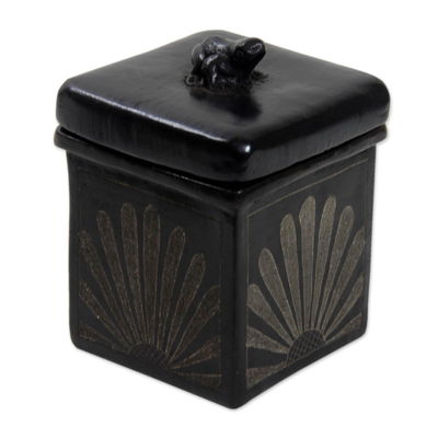 Ceramic jars, 'Sunflower Frogs' (pair) - Black Ceramic Jars Crafted by Hand (Pair)