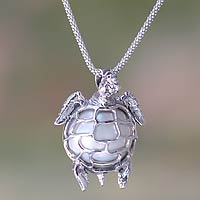 Cultured pearl pendant necklace, 'Turtle in Moonlight' - White Mabe Pearl Turtle nNcklace