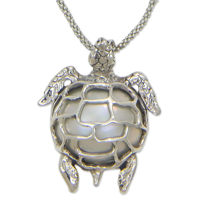 Cultured pearl pendant necklace, 'Turtle in Moonlight' - White Mabe Pearl Turtle nNcklace