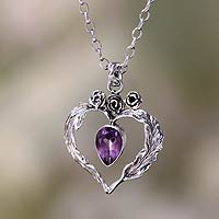 Amethyst pendant necklace, 'Valentine Rose' - Four Carat Pear Cut Amethyst and Silver Necklace