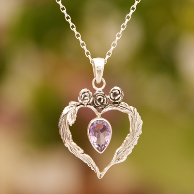 Amethyst pendant necklace, 'Valentine Rose' - Four Carat Pear Cut Amethyst and Silver Necklace