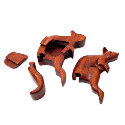 Wood puzzle box, 'Curious Kangaroo' - Artisan Crafted Kangaroo Puzzle Box