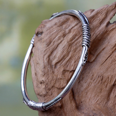 Sterling silver bangle bracelet, 'Balinese Cobras' - Silver Naga Bangle Bracelet