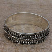 Sterling silver bangle bracelet, 'Balinese Splendor' - Ornate Silver Bangle Bracelet