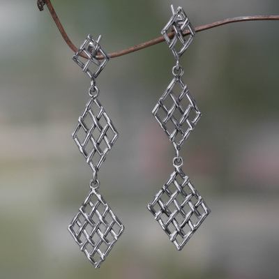 Sterling silver dangle earrings, 'Diamond Weave' - Handwoven Silver Strand Dangle Earrings
