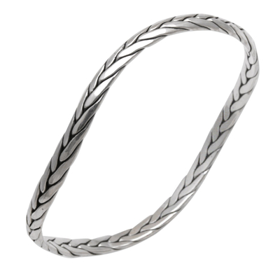 Sterling silver bangle bracelet, 'Braided Roundup' - Braided Round Sterling Silver Bangle Bracelet