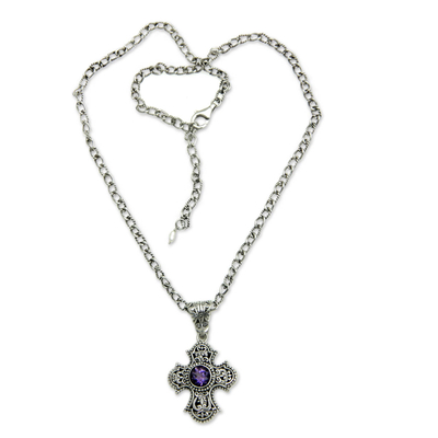 Amethyst cross necklace, 'Purity of Spirit' - Balinese Cross Necklace with Amethyst and Pearl