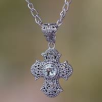 Blue topaz cross necklace, 'Purity of Spirit' - Balinese Cross Necklace with Blue Topaz and Pearl