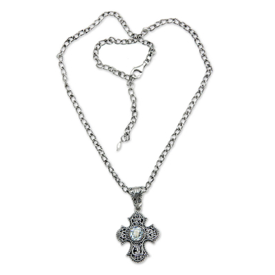Blue topaz cross necklace, 'Purity of Spirit' - Balinese Cross Necklace with Blue Topaz and Pearl