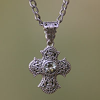 Prasiolite and cultured pearl cross necklace, 'Purity of Spirit'
