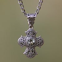 Prasiolite and cultured pearl cross necklace, 'Purity of Spirit' - Balinese Cross Necklace with Prasiolite and Pearl