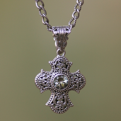 Prasiolite and cultured pearl cross necklace, 'Purity of Spirit' - Balinese Cross Necklace with Prasiolite and Pearl