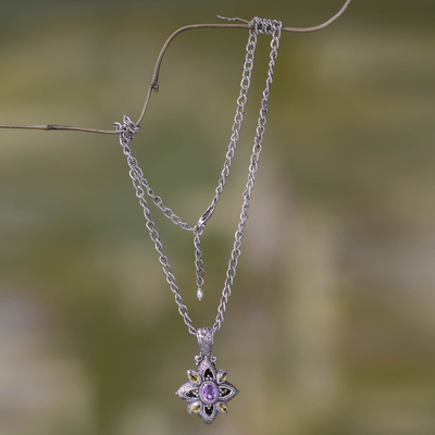 Citrine and amethyst flower necklace, 'Jasmine Shield' - Floral Sterling Silver Necklace with Citrine and Amethyst