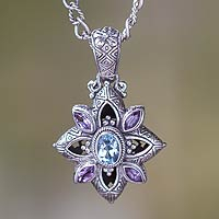 Amethyst and blue topaz flower necklace, 'Jasmine Shield' - Floral Sterling Silver Necklace with Amethyst and Blue Topaz