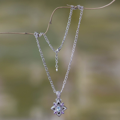 Amethyst and blue topaz flower necklace, 'Jasmine Shield' - Floral Sterling Silver Necklace with Amethyst and Blue Topaz