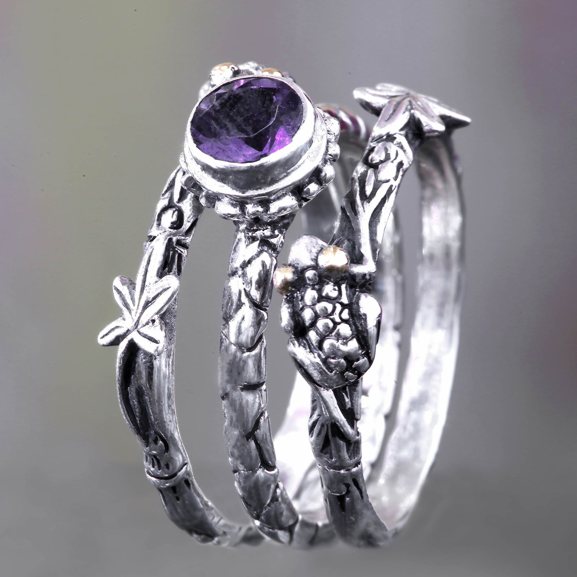 Amethyst and Sterling Silver Stacking Rings (set of 3), 'Tree Frog'