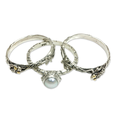 Cultured pearl stacking rings, 'Tree Frog' (set of 3) - Cultured Pearl and Sterling Silver Stacking Rings (set of 3)
