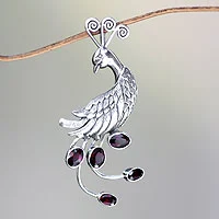 Garnet brooch pin or pendant, Peahen in Love