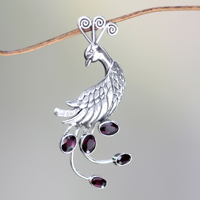 Garnet brooch pin or pendant, 'Peahen in Love' - Silver Bird Brooch Pin-Pendant with Garnets